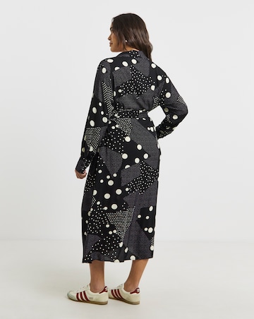 Black Spot Print Spun Viscose Belted Shirt Dress