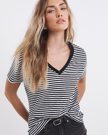 Simply Be Black & White Stripe Pure Cotton V Neck T-Shirt