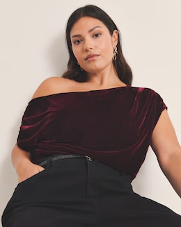 Wine Red Velour Off The Shoulder Top