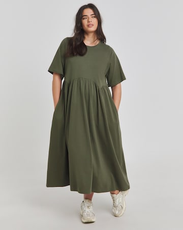 Khaki Jersey Smock Midi Dress With Pockets