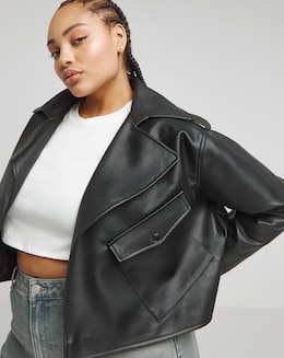 Simply Be Black Cropped Faux Leather Trench