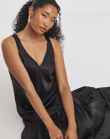 Flounce London Black Glossy Satin Maxi Dress