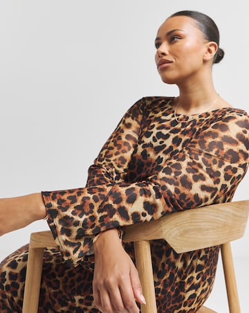 Leopard Long Sleeve Mesh Maxi Dress With Scoop Back