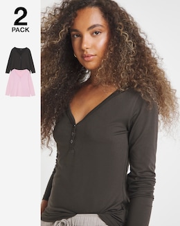 Chocolate &amp; Pink 2 Pack Soft Touch Henley Tops
