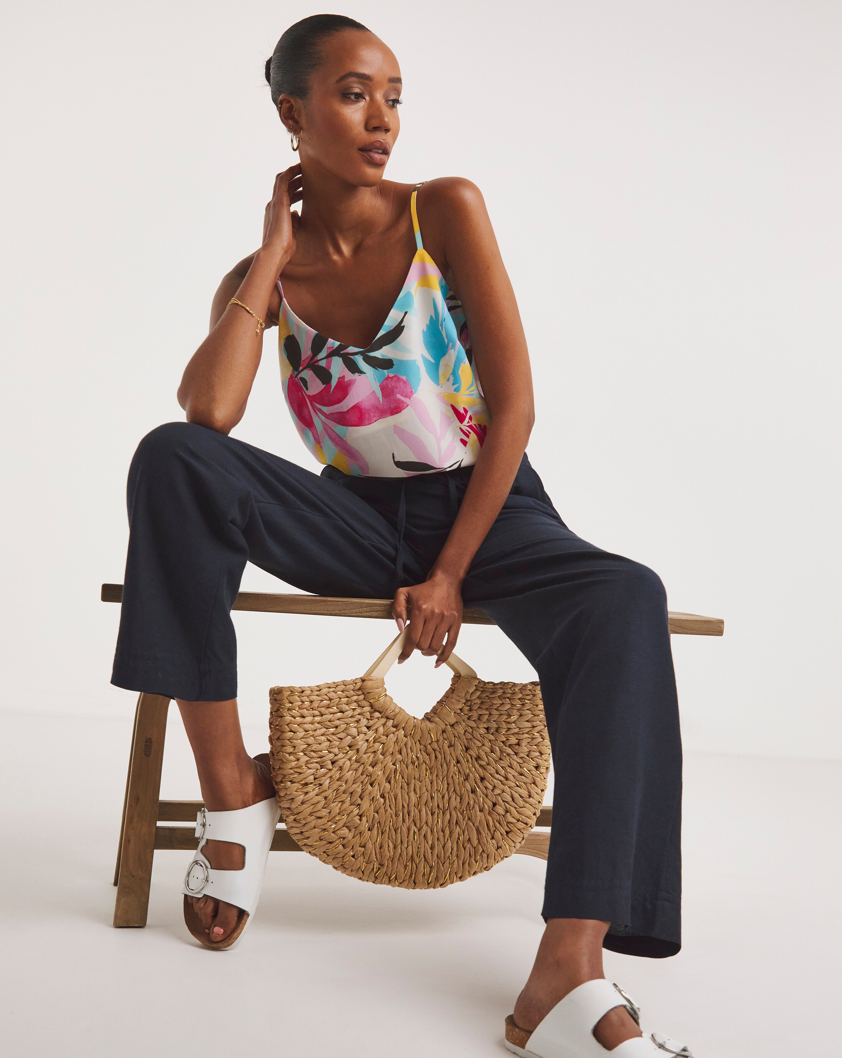 Navy Linen Mix Straight Leg Trousers Simply Be