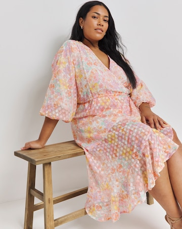 Printed Jacquard Frill Detail Midi Dress