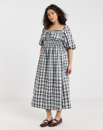 Mono Gingham Midi Dress With Shirred Bodice