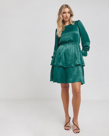 Flounce London Green Floaty Satin Tiered Mini Dress
