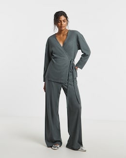 Charcoal Marl Ribbed Wide Leg Trousers