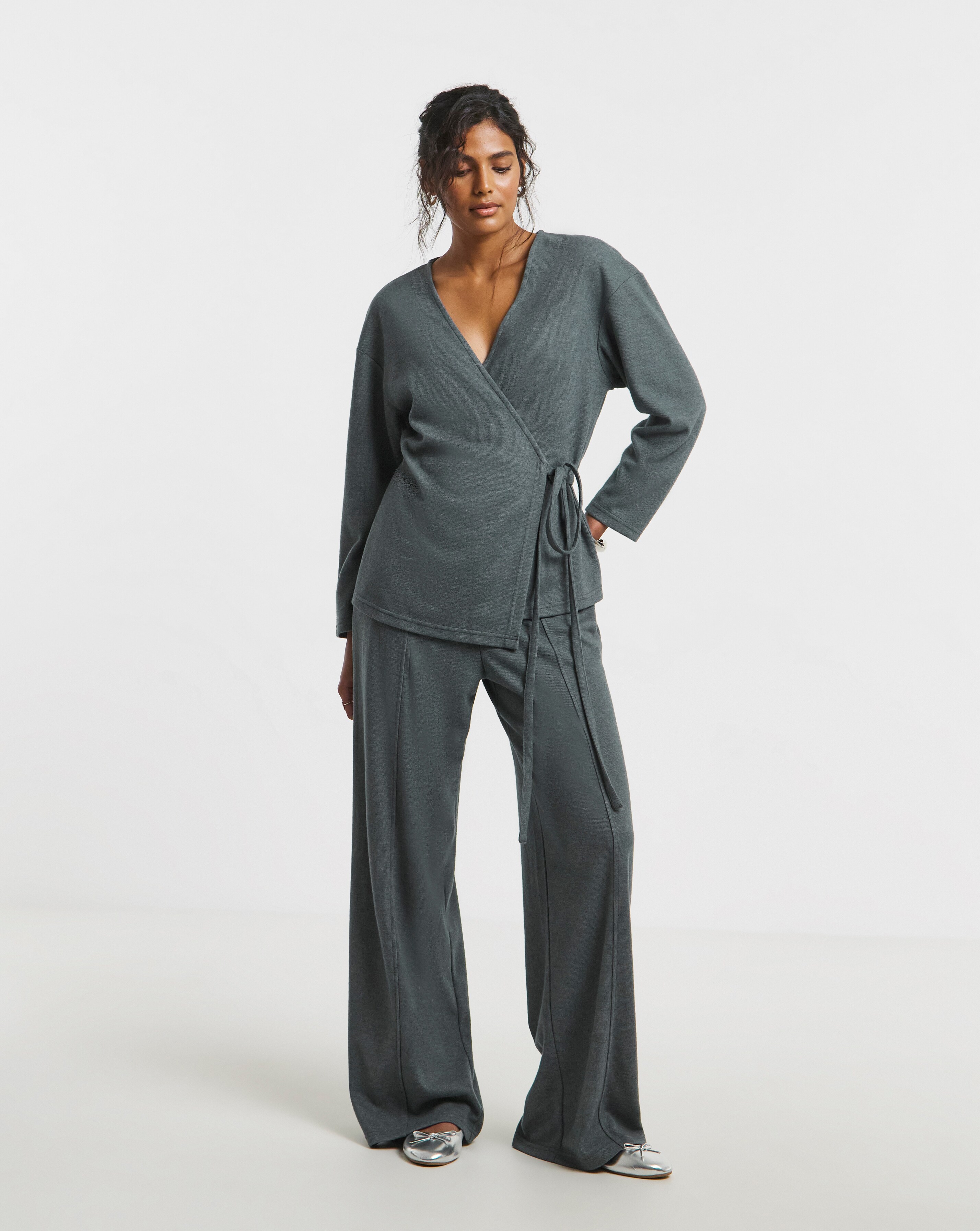 Charcoal Marl Soft Touch Ribbed Wide Leg Trousers