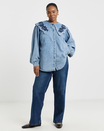 Mid Wash Puff Sleeve Denim Blouse with Embroidered Collar