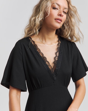 Black Waffle Lace Trim Midi Dress