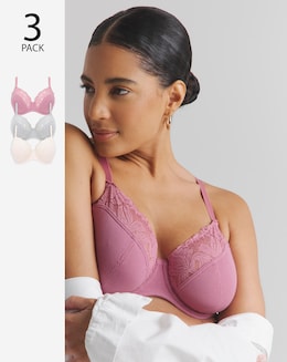 Pretty Secrets (3 Pack) Harper Lace Ribbed Full Cup Wired Bras (B-G)