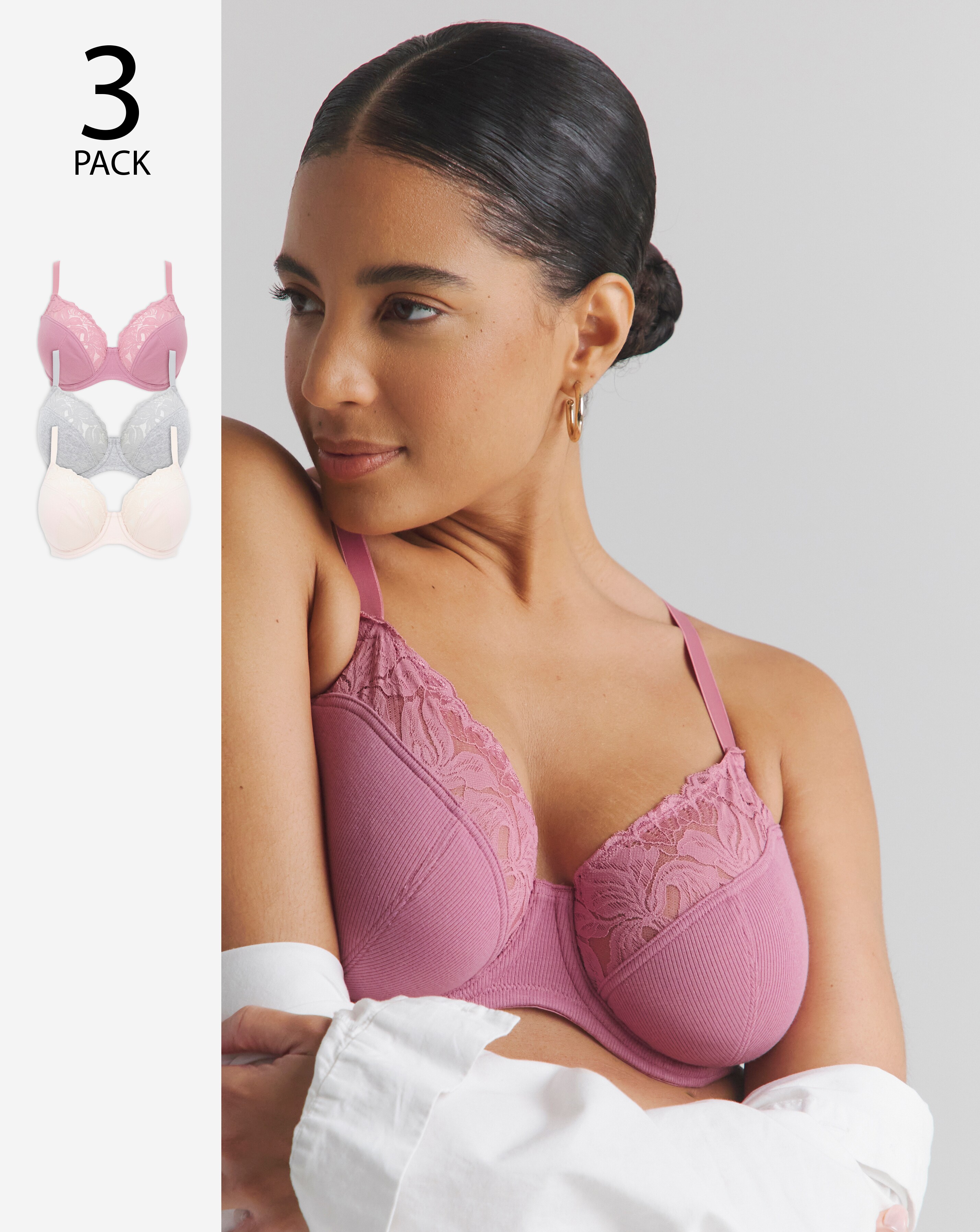 Pretty Secrets (3 Pack) Harper Lace Ribbed Full Cup Wired Bras (B-G)