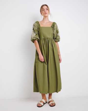 Khaki Embroidered Sleeve Cotton Poplin Midi Dress