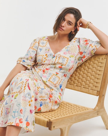 Simply Be Conversational Print Button Through Linen Blend Midi Dress