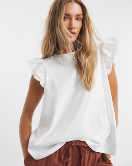 Simply Be White Broderie Frill Sleeve Top with Tie