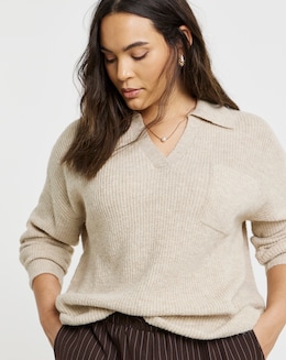 Cosy Yarn Oatmeal V-Neck Collared Jumper