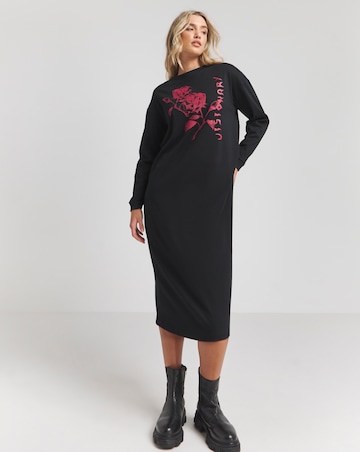 Black Long Sleeve Graphic T-Shirt Midi Dress
