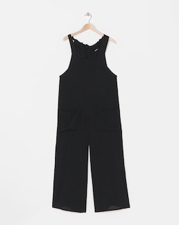 Black Crinkle Wide Leg Jumpsuit With Pockets
