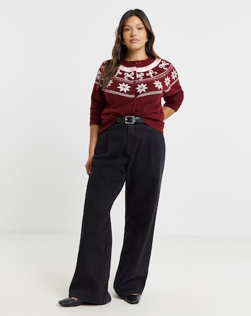 Brushed Yarn Burgundy Fair Isle Crew Neck Cardigan