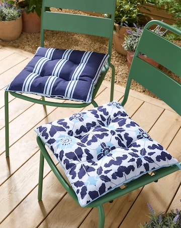 Tile Print Outdoor Set of 2 Seat Pads with Striped Reverse