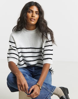 Ivory &amp; Black Stripe Short Sleeve Boxy Knitted T-Shirt