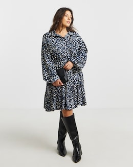 Mono Print Shirt Dress with Tie Waist Detail