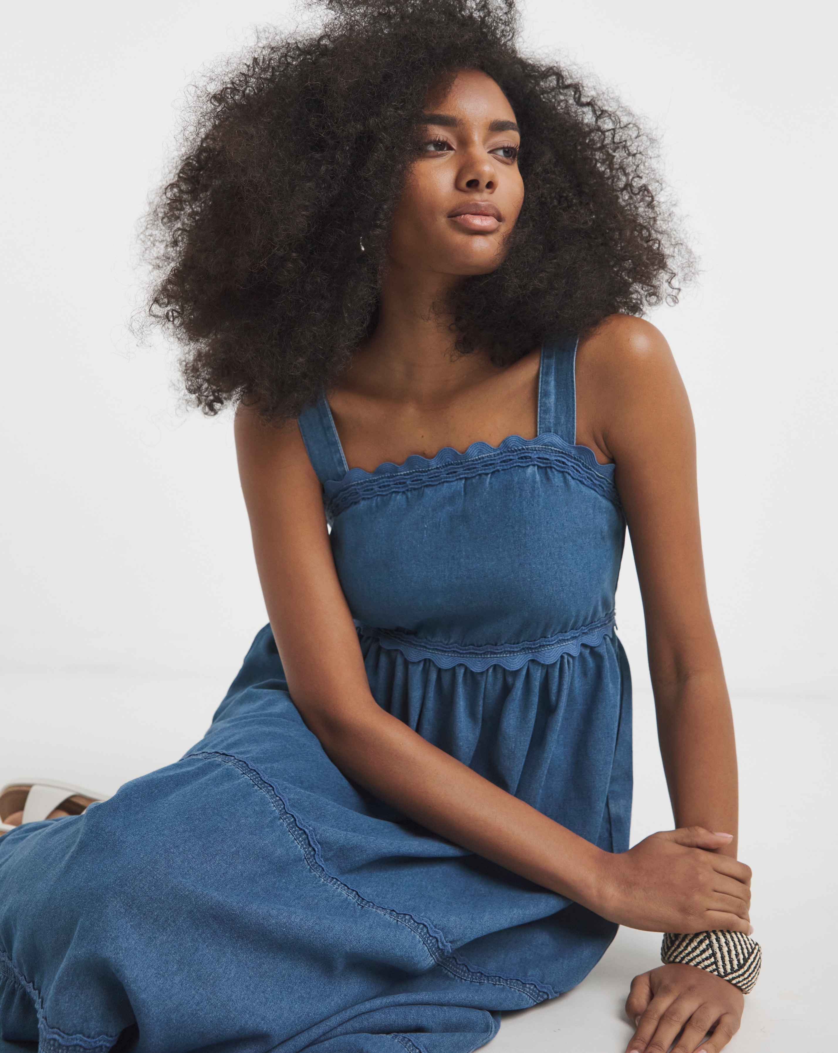 Simply Be Mid Blue Ric Rac Detail Denim Midaxi Sun Dress | Simply Be
