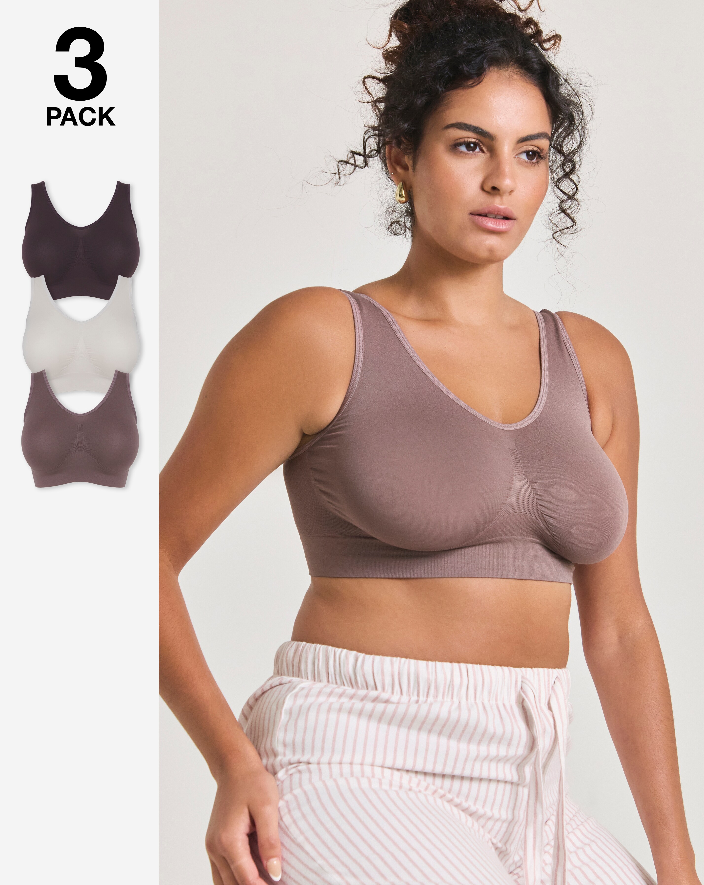 Pretty Secrets (3 Pack) Plain Comfort Tops (Fits Up To D Cup) Truffle Multi