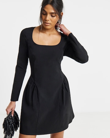 Black Bengaline Waist Detail Skater Dress