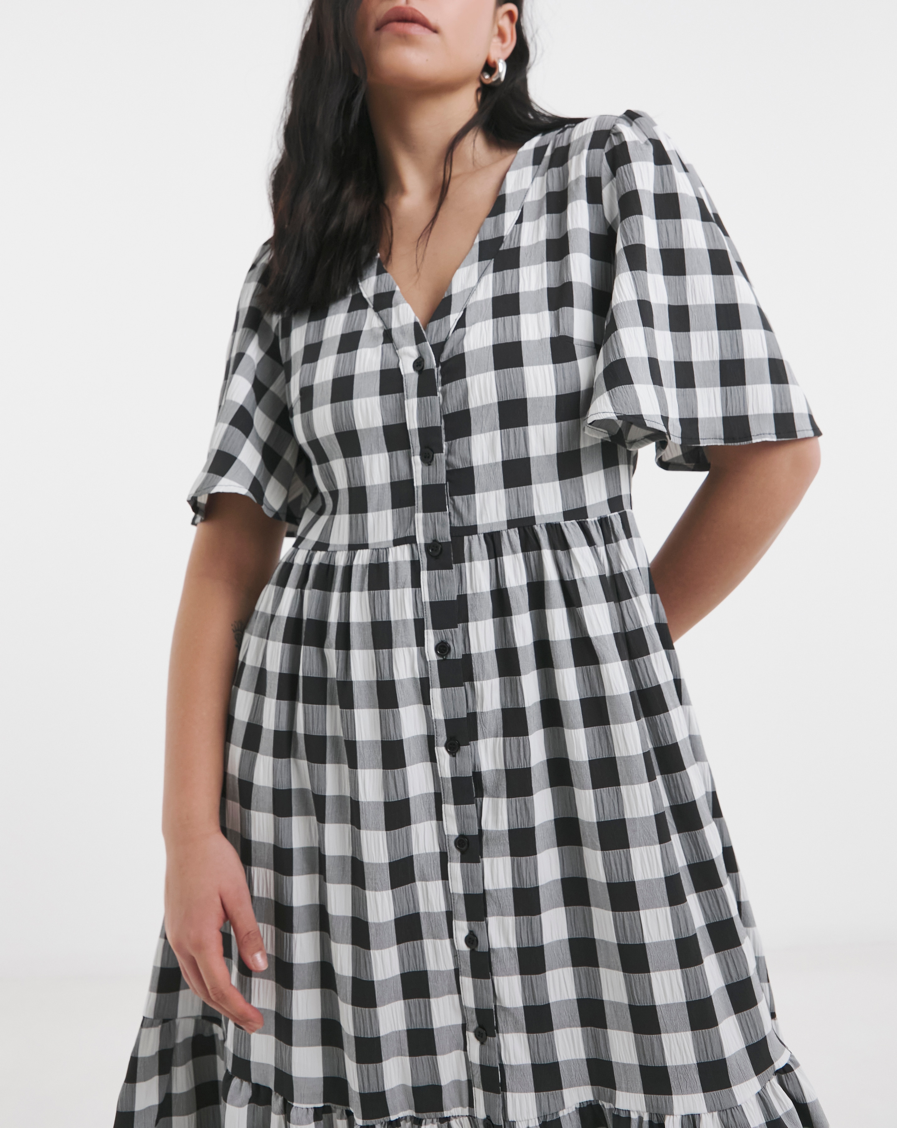 Simply Be Mono Check Gingham Button Up Midi Dress | Simply Be