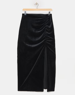 Black Side Split Velour Maxi Skirt