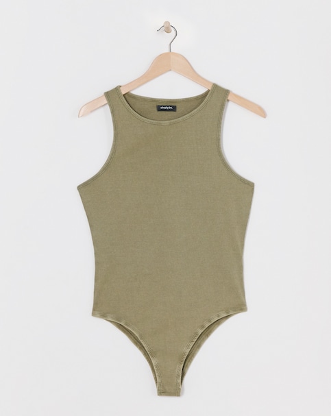 Simply Be Ribbed Bodysuit - Khaki Acid Wash