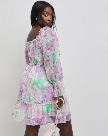 Blurred Floral Print Shirred Long Sleeve Skater Dress