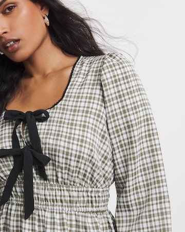 Khaki Check Bow Front Detail Midaxi Dress