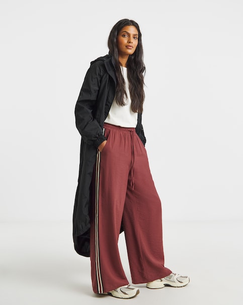 Burgundy Side Stripe Lightweight Wide Leg Trousers