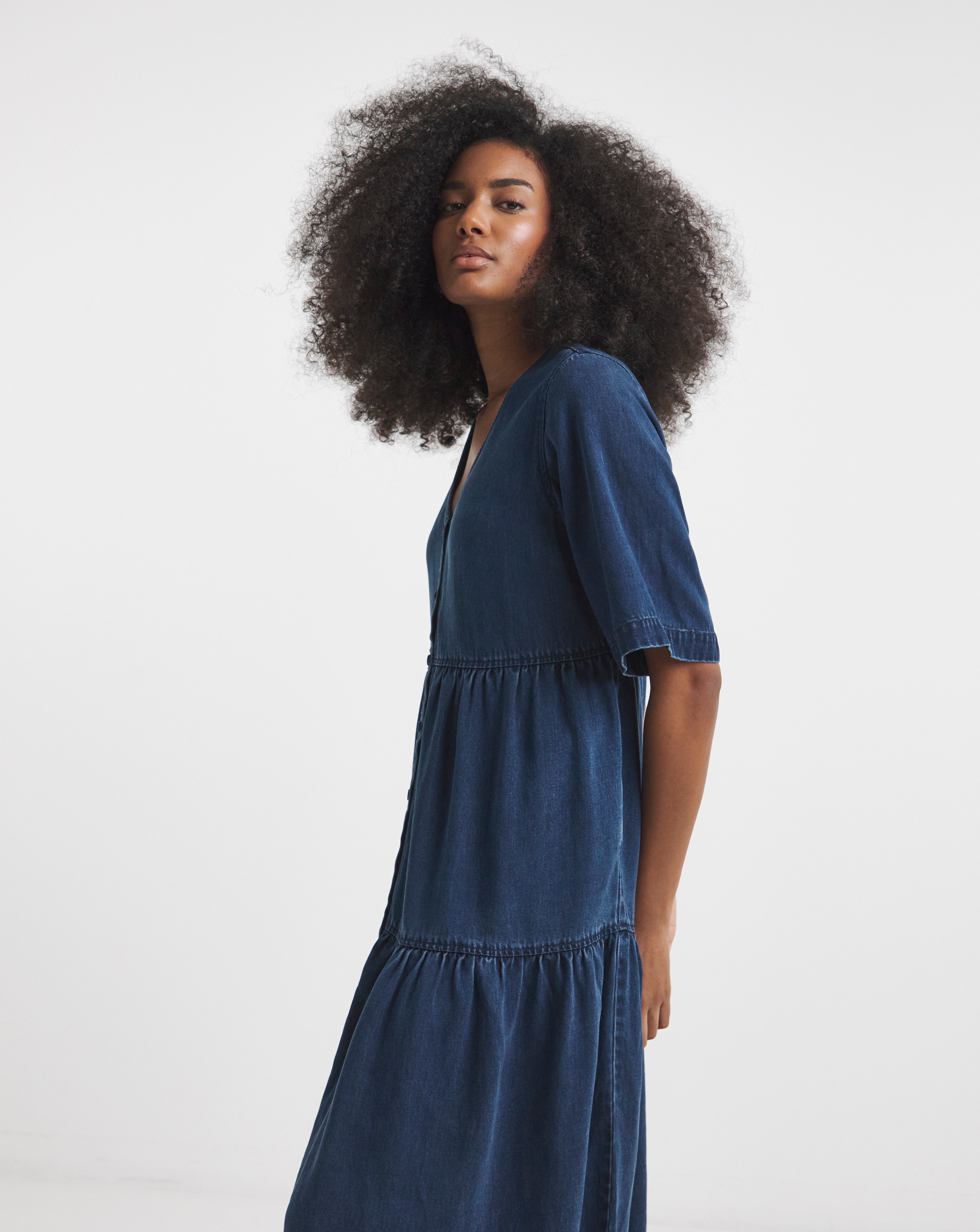 white christmas dresses Simply Darling Button Up Denim Maxi Dress with a cinch waist. In sizes from  small to large – Giddy Up Glamour Boutique main image 1