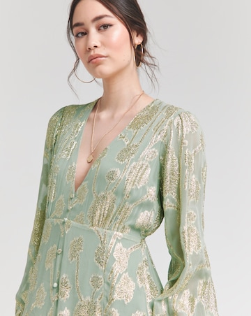 Sage Foil Jacquard Button Through Maxi Dress