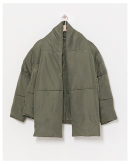 Khaki Round Neck Jacket With Detachable Scarf