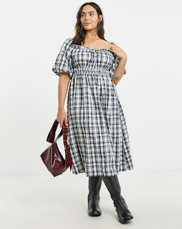 Simply Be Mono Check Midi Dress With Shirred Bodice