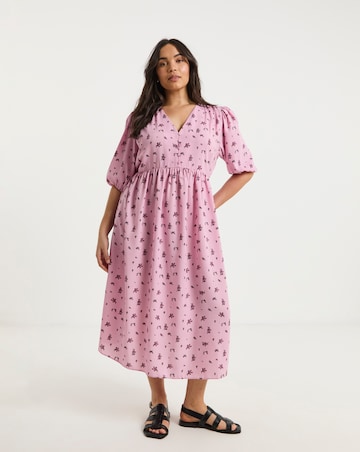 Pink Ditsy Floral Print Button Through Midi Dress With Pockets