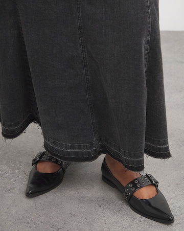Washed Black Fit and Flare Denim Maxi Skirt