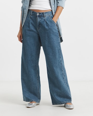 Mid Blue Pleat Detail Wide Leg Jeans