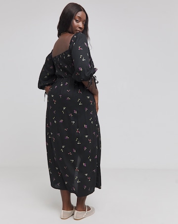 Black Floral Print Soft Volume Midi Dress
