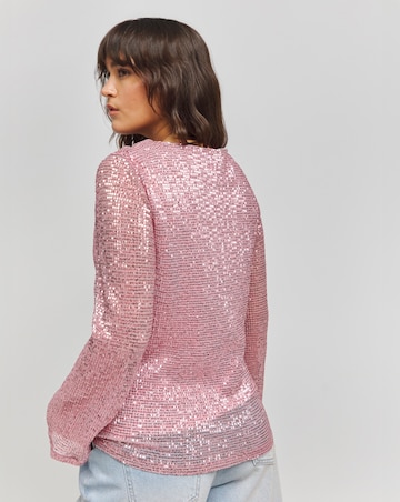 Pink Flared Sleeve Sequin Top