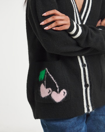 Simply Be Black Contrast Trim Cherry Slogan Cardigan