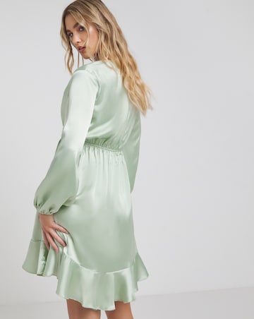 Flounce London Sage Green Heavy Satin Balloon Sleeve Mini Dress