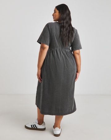 Acid Wash Jersey Smock Midi Dress With Pockets