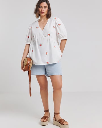 Simply Be Ivory Poplin Watermelon Embroidered Puff Sleeve Blouse